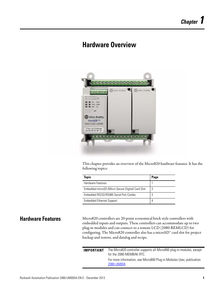 1 - hardware overview, Hardware features, Chapter 1 | Hardware overview, Chapter | Rockwell Automation 2080-LC20-20QBBR Micro820 20-point Programmable Controllers User Manual User Manual | Page 9 / 162