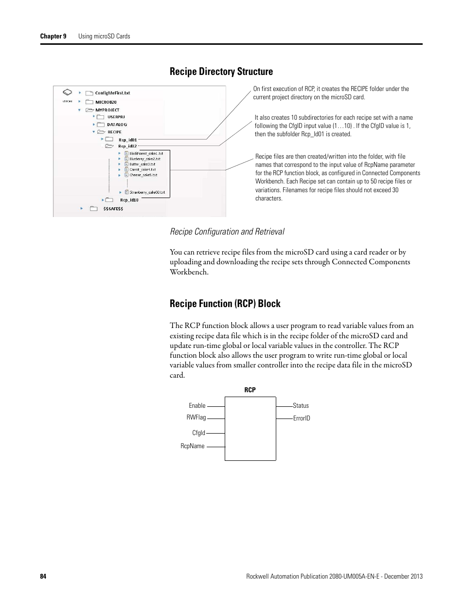 Recipe directory structure, Recipe configuration and retrieval, Recipe function (rcp) block | Rockwell Automation 2080-LC20-20QBBR Micro820 20-point Programmable Controllers User Manual User Manual | Page 92 / 162