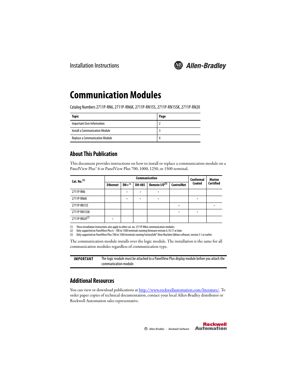 Rockwell Automation 2711P-RNxxx Communication Modules Installation Instructions User Manual | 4 pages