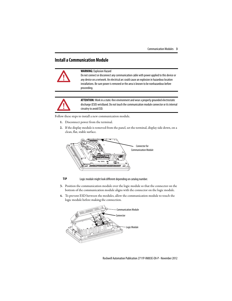 Install a communication module | Rockwell Automation 2711P-RNxxx Communication Modules Installation Instructions User Manual | Page 3 / 4