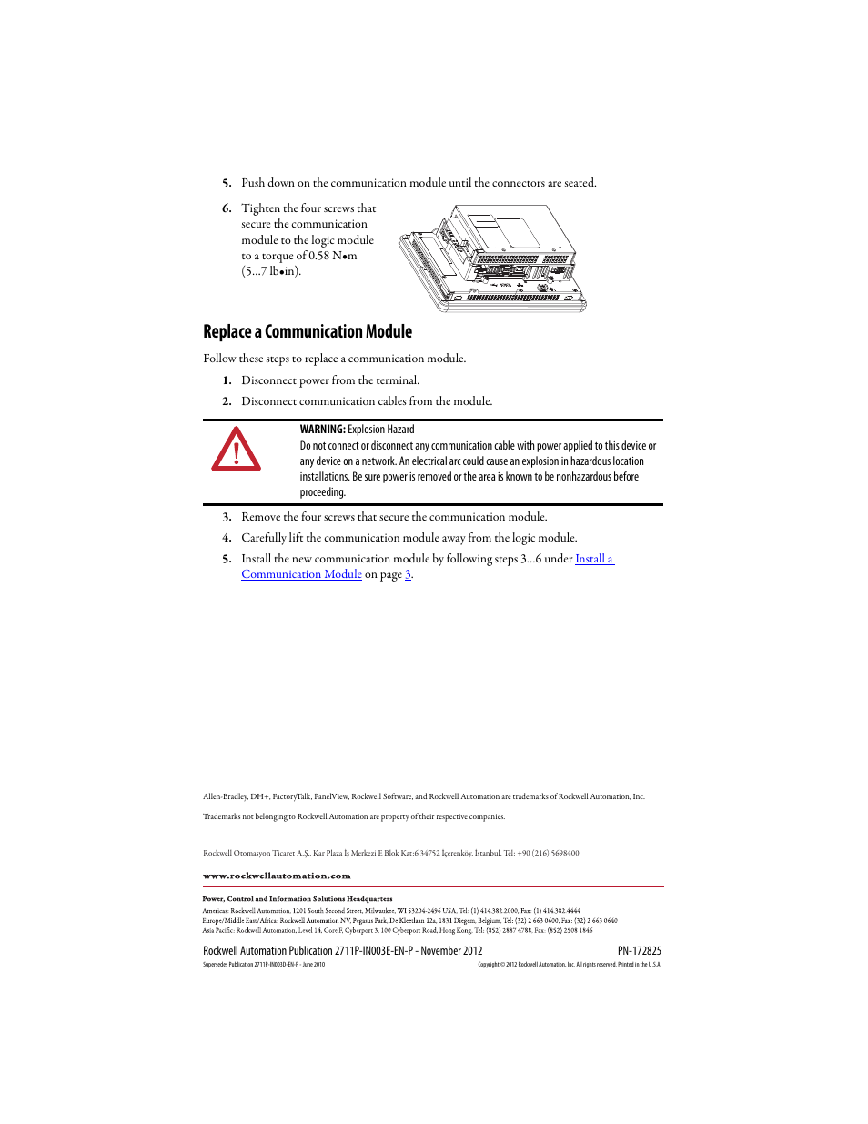 Replace a communication module, Back cover | Rockwell Automation 2711P-RNxxx Communication Modules Installation Instructions User Manual | Page 4 / 4