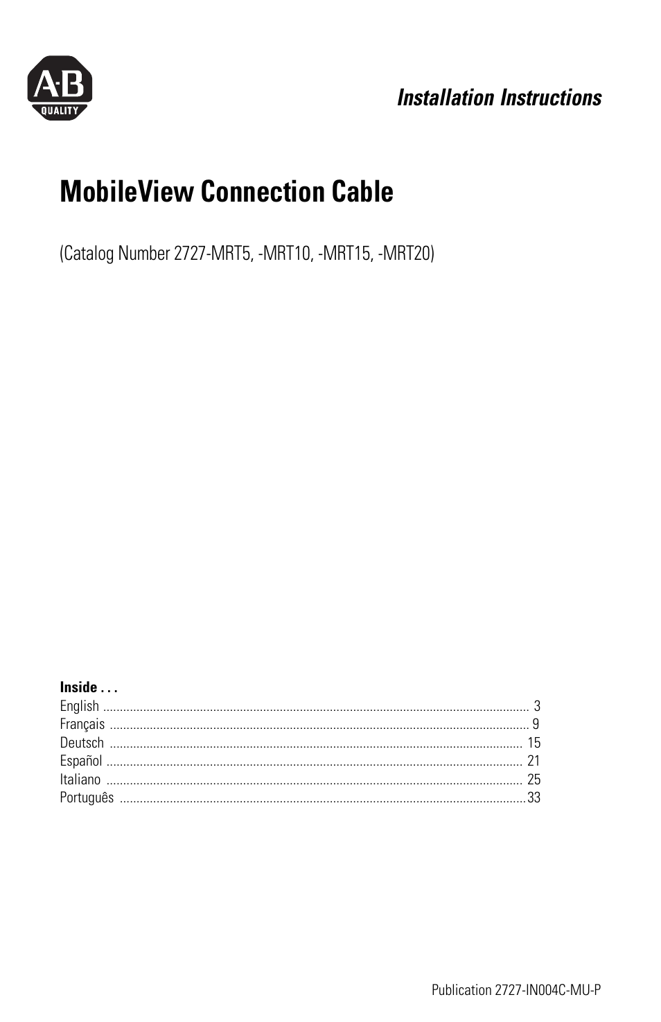 Rockwell Automation 2727-MRT5_10_15_20 MobileView Connection Cable Installation Instructions User Manual | 40 pages