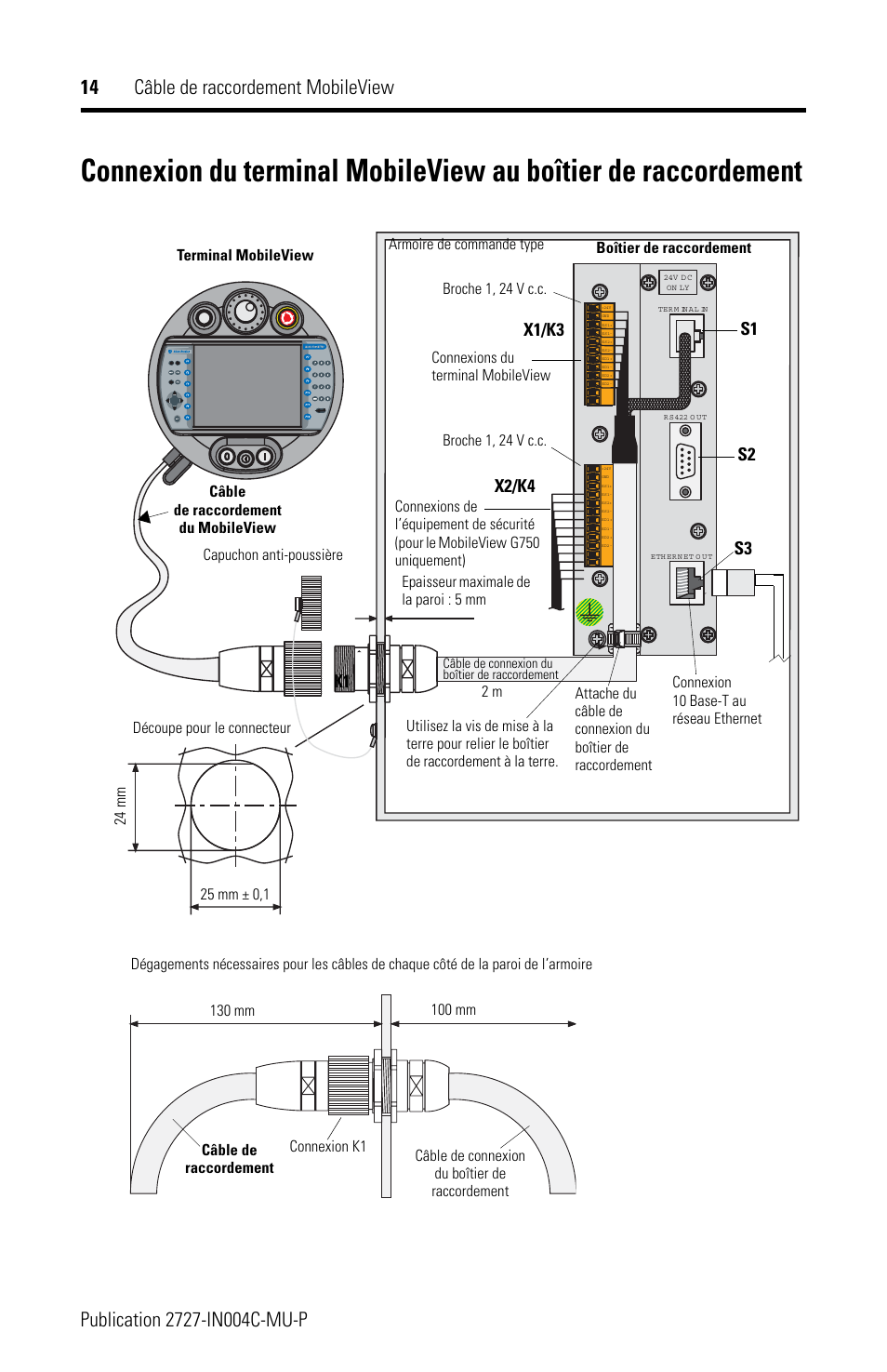 X1/k3 x2/k4, S1 s2 s3, Connexions du terminal mobileview | Rockwell Automation 2727-MRT5_10_15_20 MobileView Connection Cable Installation Instructions User Manual | Page 14 / 40