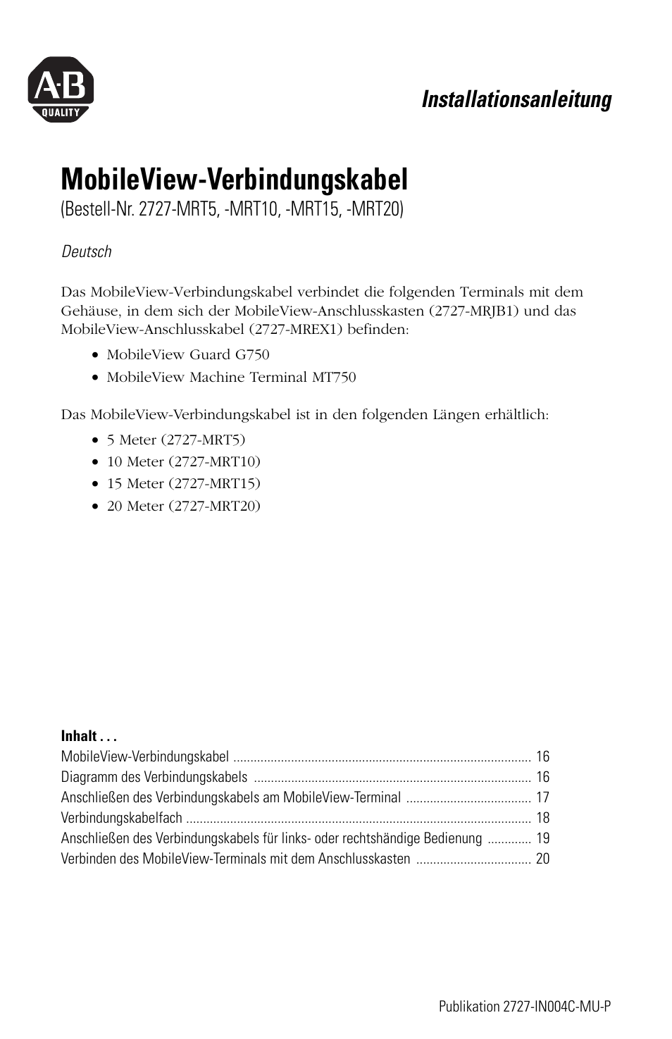 Deutsch, Mobileview-verbindungskabel, Installationsanleitung | Rockwell Automation 2727-MRT5_10_15_20 MobileView Connection Cable Installation Instructions User Manual | Page 15 / 40