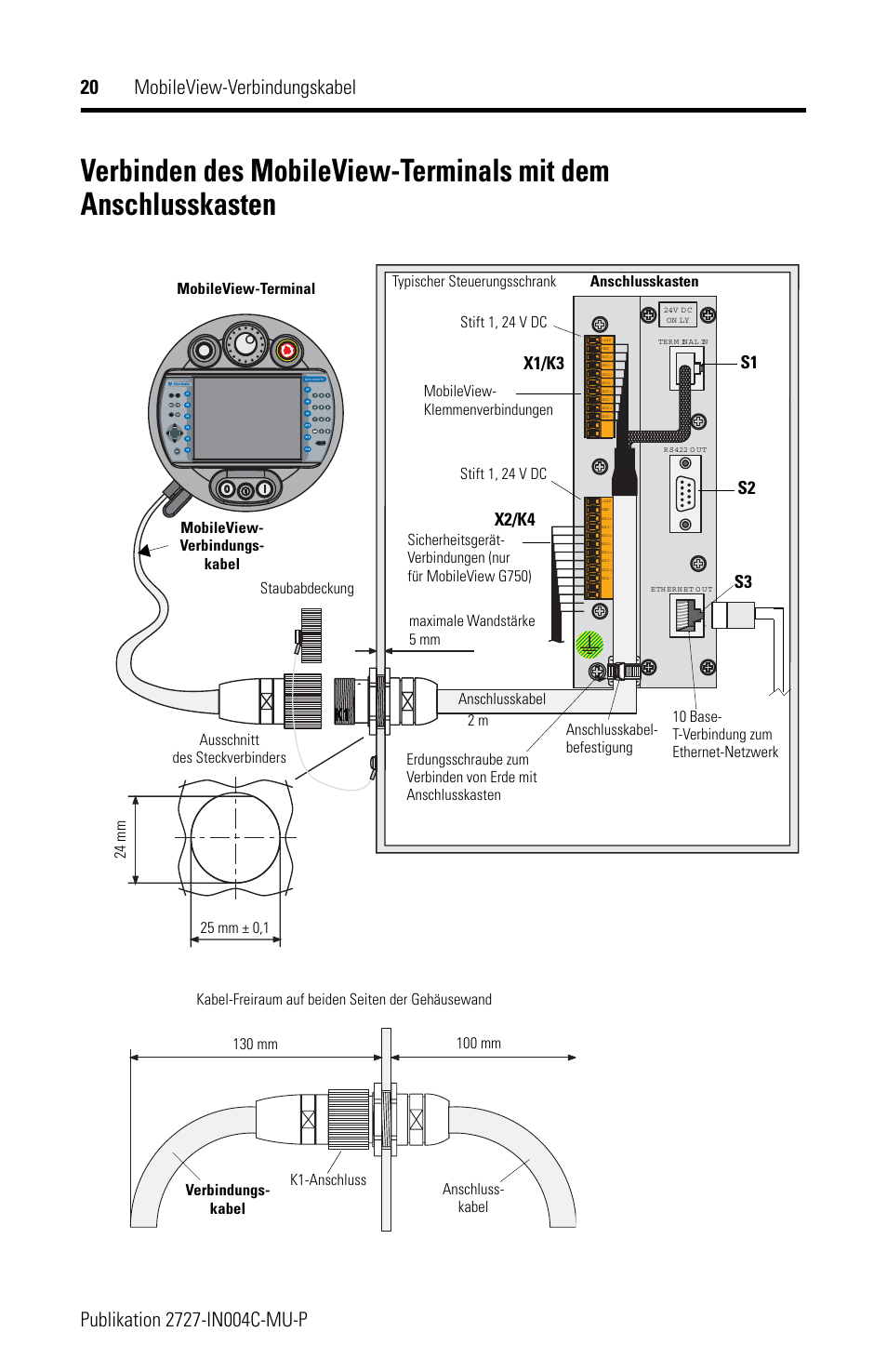 X1/k3 x2/k4, S1 s2 s3, Mobileview- klemmenverbindungen | Rockwell Automation 2727-MRT5_10_15_20 MobileView Connection Cable Installation Instructions User Manual | Page 20 / 40