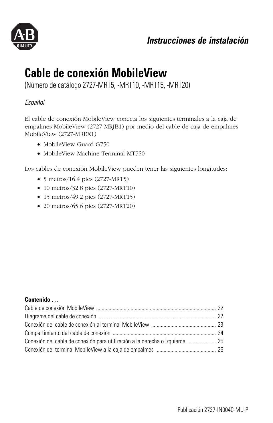 Español, Cable de conexión mobileview, Instrucciones de instalación | Rockwell Automation 2727-MRT5_10_15_20 MobileView Connection Cable Installation Instructions User Manual | Page 21 / 40