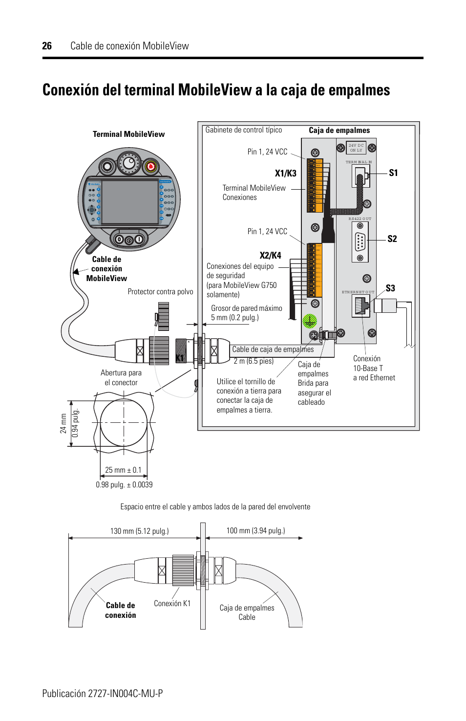 X1/k3 x2/k4, S1 s2 s3, Terminal mobileview conexiones | Rockwell Automation 2727-MRT5_10_15_20 MobileView Connection Cable Installation Instructions User Manual | Page 26 / 40