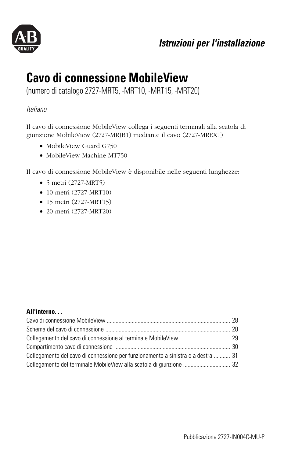 Italiano, Cavo di connessione mobileview, Istruzioni per l'installazione | Rockwell Automation 2727-MRT5_10_15_20 MobileView Connection Cable Installation Instructions User Manual | Page 27 / 40