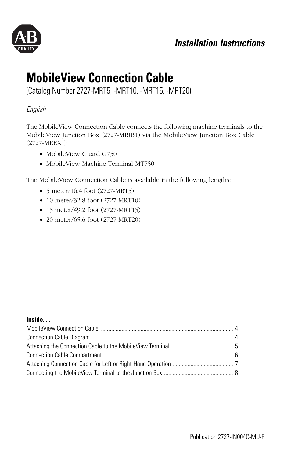 English, Mobileview connection cable, Installation instructions | Rockwell Automation 2727-MRT5_10_15_20 MobileView Connection Cable Installation Instructions User Manual | Page 3 / 40