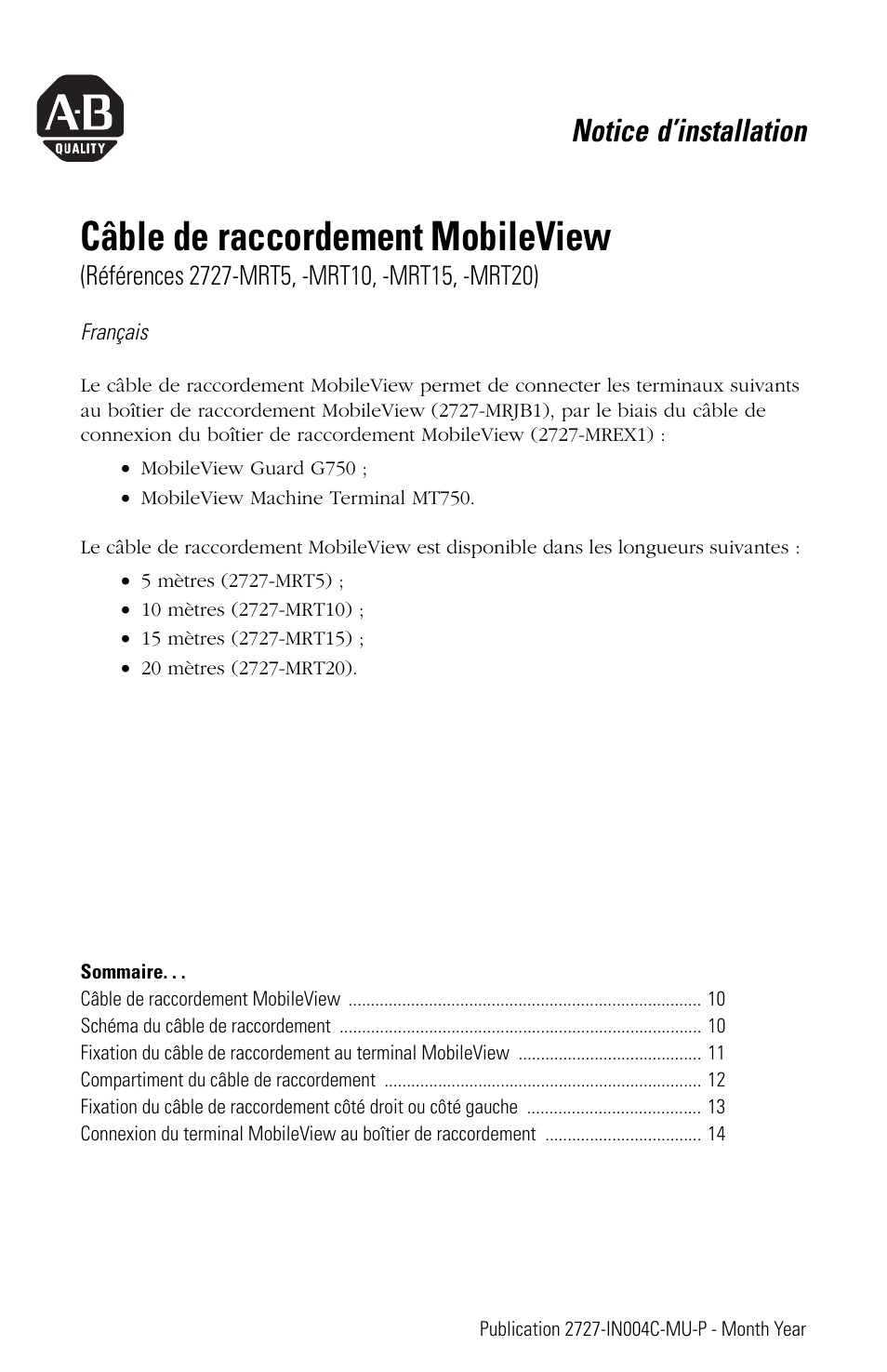 Français, Câble de raccordement mobileview, Notice d’installation | Rockwell Automation 2727-MRT5_10_15_20 MobileView Connection Cable Installation Instructions User Manual | Page 9 / 40