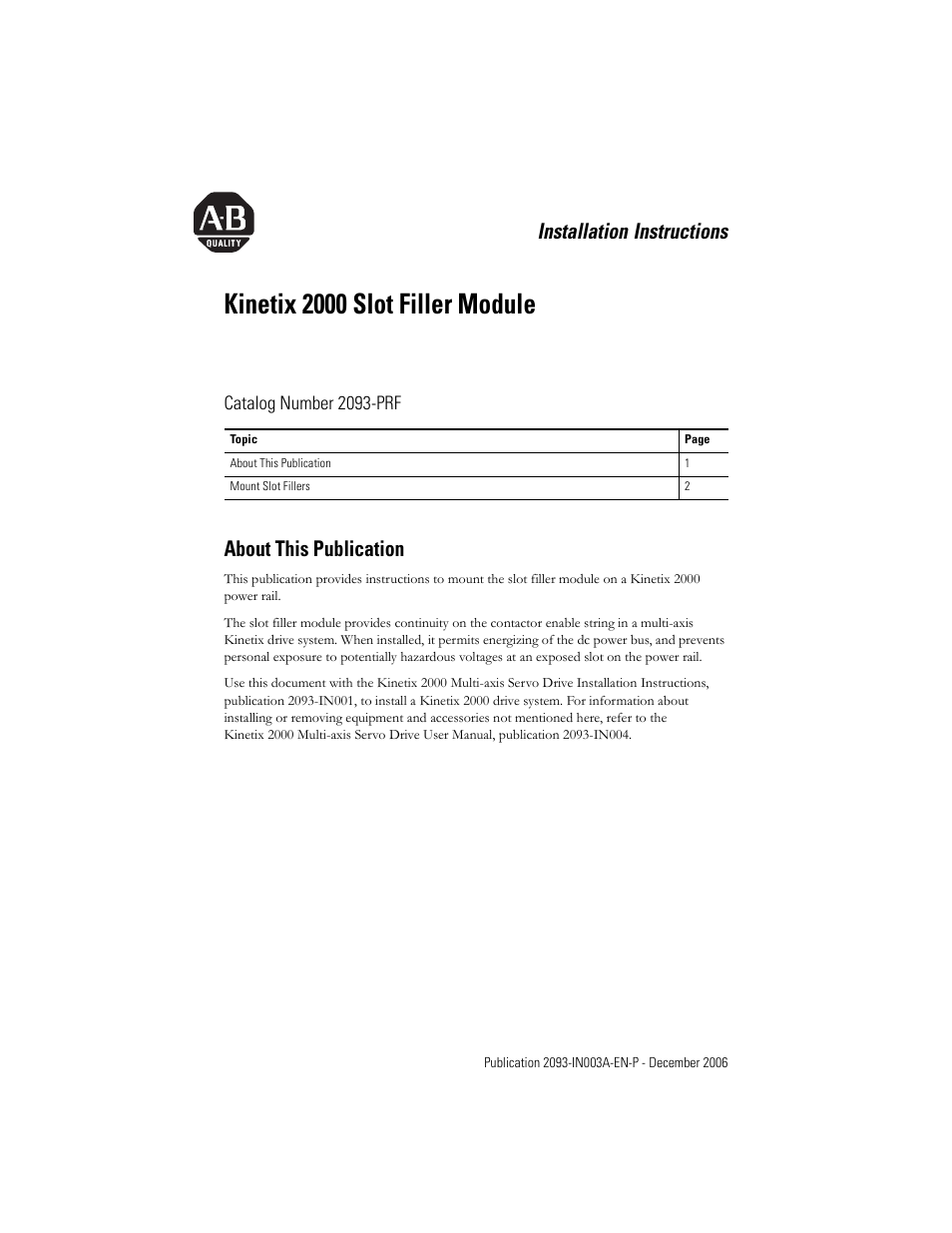 Rockwell Automation 2093-PRF Kinetix 2000 Slot Filler Module Installation Instructions User Manual | 2 pages