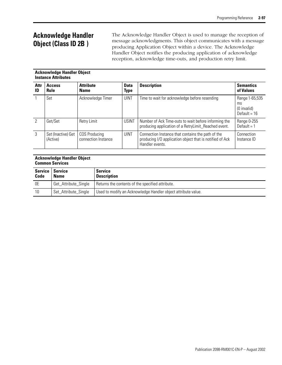 Acknowledge handler object (classid2bh), Acknowledge handler object (class id 2b | Rockwell Automation 2098-DSD-xxx Ultra3000 Digital Servo Drives with DeviceNet User Manual | Page 113 / 120