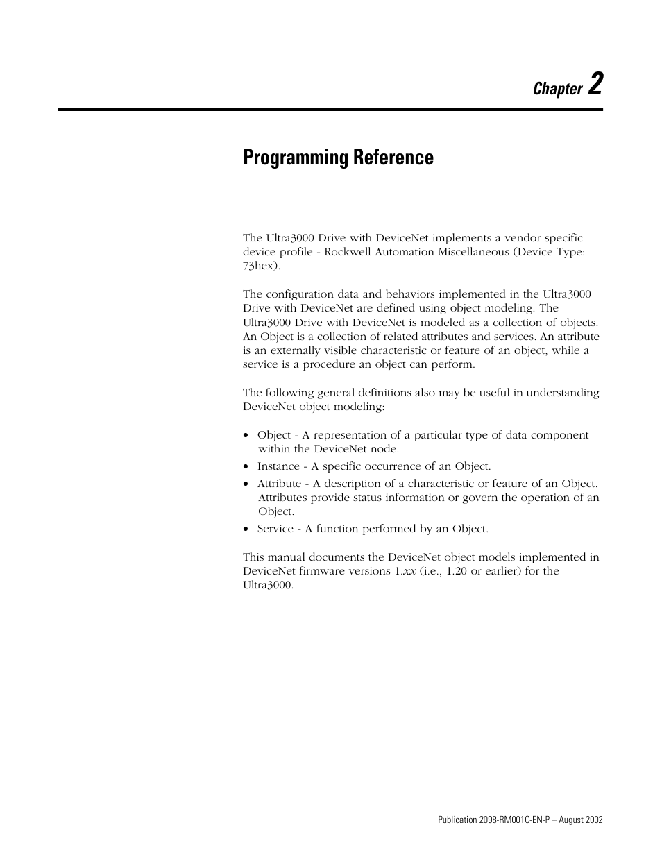 2 - programming reference, Chapter 2, Programming reference | 2 programming, Reference, Chapter | Rockwell Automation 2098-DSD-xxx Ultra3000 Digital Servo Drives with DeviceNet User Manual | Page 17 / 120