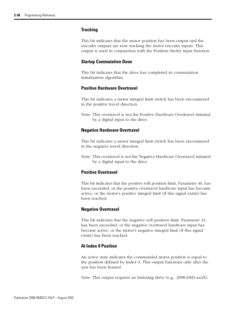 Tracking, Startup commutation done, Positive hardware overtravel | Negative hardware overtravel, Positive overtravel, Negative overtravel, At index 0 position, Startup commutatio n done | Rockwell Automation 2098-DSD-xxx Ultra3000 Digital Servo Drives with DeviceNet User Manual | Page 54 / 120