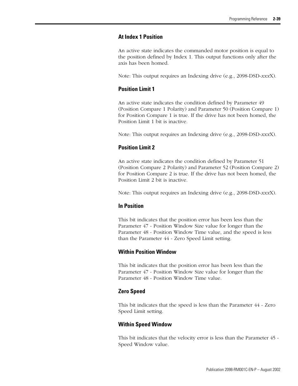 At index 1 position, Position limit 1, Position limit 2 | In position, Within position window, Zero speed, Within speed window | Rockwell Automation 2098-DSD-xxx Ultra3000 Digital Servo Drives with DeviceNet User Manual | Page 55 / 120
