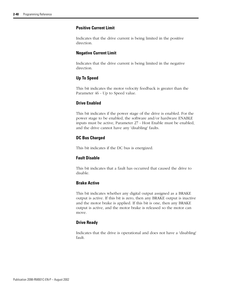 Positive current limit, Negative current limit, Up to speed | Drive enabled, Dc bus charged, Fault disable, Brake active, Drive ready, Fault disable dc bus, Charged | Rockwell Automation 2098-DSD-xxx Ultra3000 Digital Servo Drives with DeviceNet User Manual | Page 56 / 120