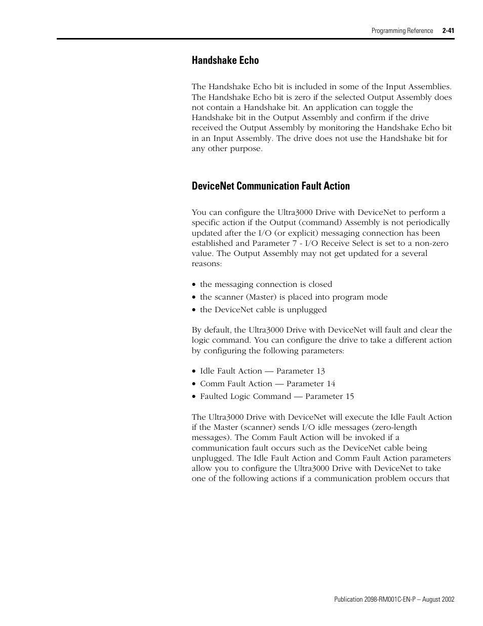 Handshake echo, Devicenet communication fault action | Rockwell Automation 2098-DSD-xxx Ultra3000 Digital Servo Drives with DeviceNet User Manual | Page 57 / 120