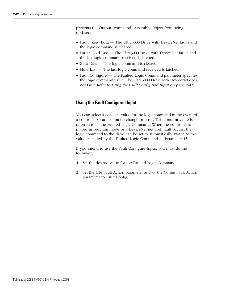 Using the fault configured input, Using the fault configured input -42 | Rockwell Automation 2098-DSD-xxx Ultra3000 Digital Servo Drives with DeviceNet User Manual | Page 58 / 120