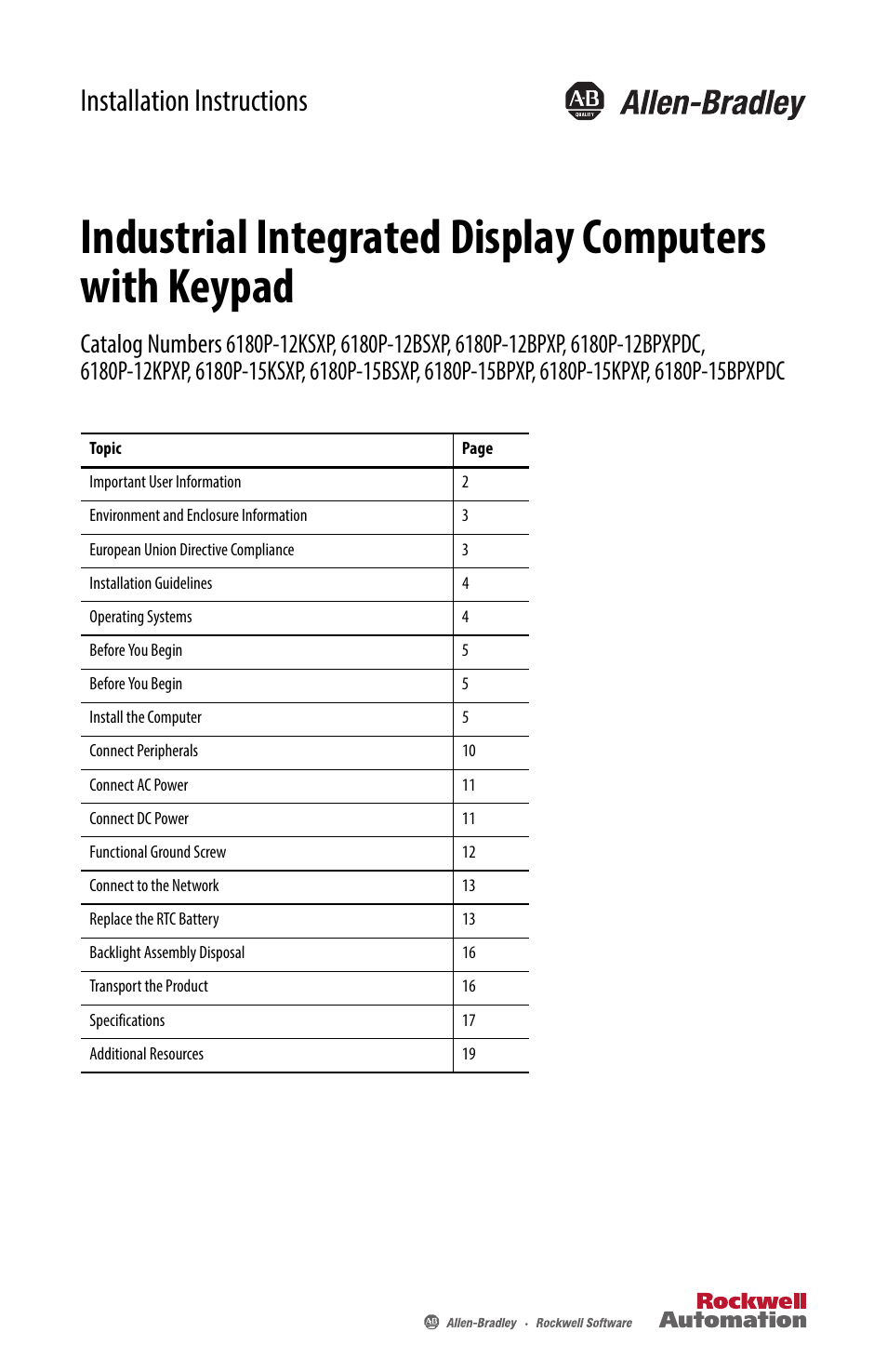 Rockwell Automation 6180P-xxxx Integrated Display Computers with Keypad Installation Instructions User Manual | 20 pages