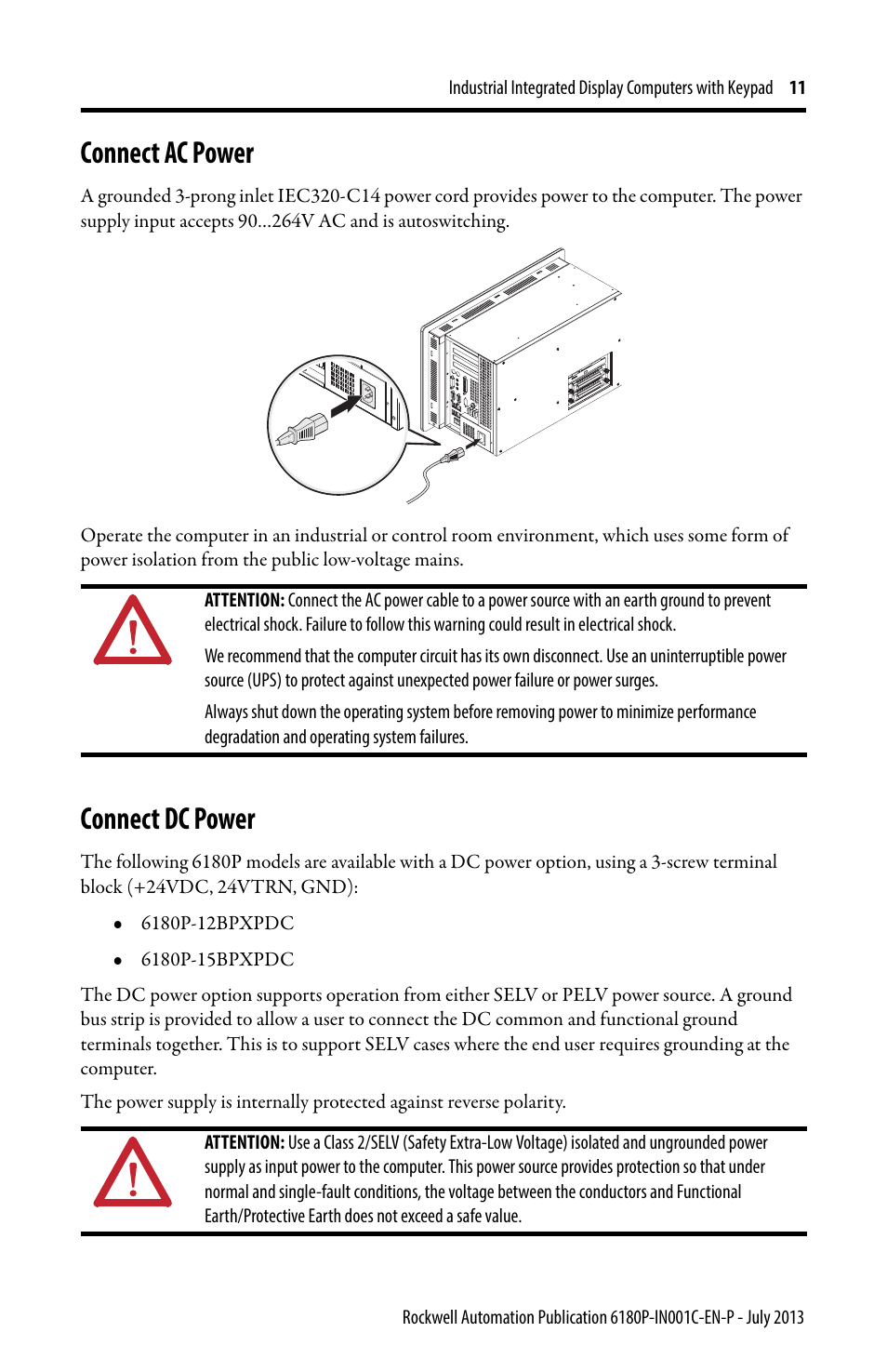 Connect ac power, Connect dc power | Rockwell Automation 6180P-xxxx Integrated Display Computers with Keypad Installation Instructions User Manual | Page 11 / 20