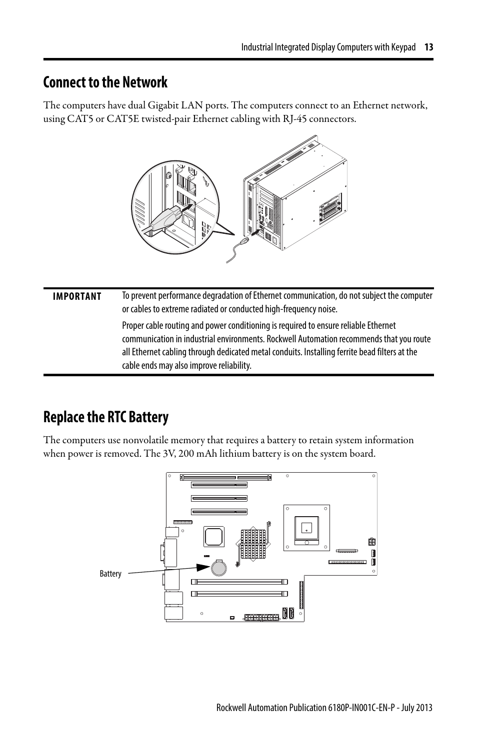 Connect to the network, Replace the rtc battery | Rockwell Automation 6180P-xxxx Integrated Display Computers with Keypad Installation Instructions User Manual | Page 13 / 20