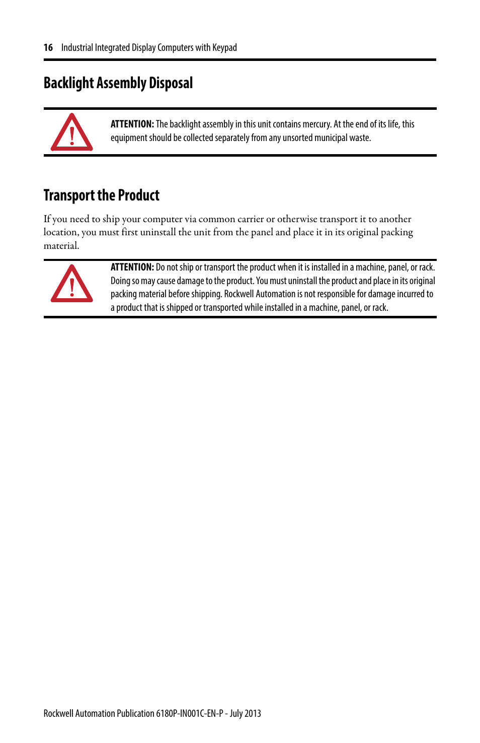 Backlight assembly disposal, Transport the product, Backlight assembly disposal transport the product | Rockwell Automation 6180P-xxxx Integrated Display Computers with Keypad Installation Instructions User Manual | Page 16 / 20