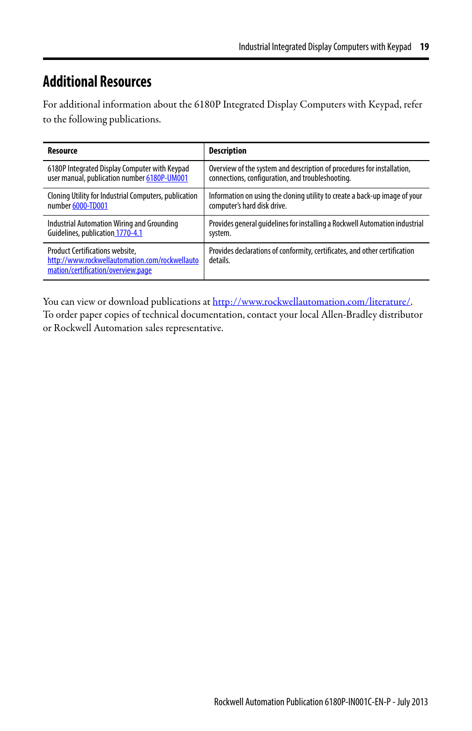 Additional resources | Rockwell Automation 6180P-xxxx Integrated Display Computers with Keypad Installation Instructions User Manual | Page 19 / 20