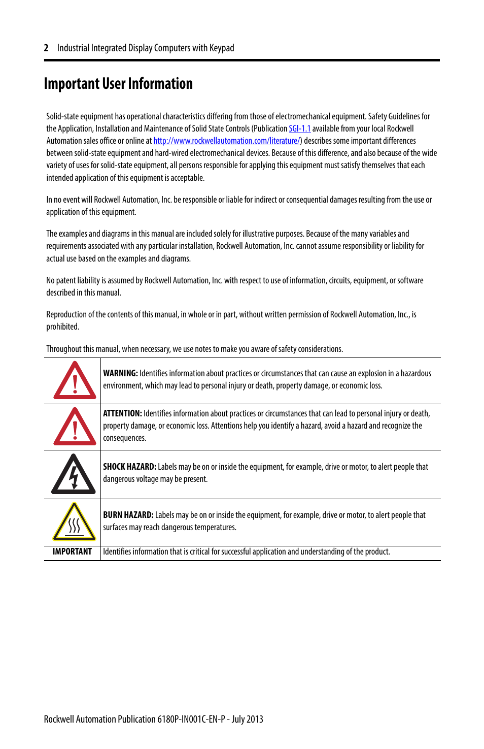 Important user information | Rockwell Automation 6180P-xxxx Integrated Display Computers with Keypad Installation Instructions User Manual | Page 2 / 20