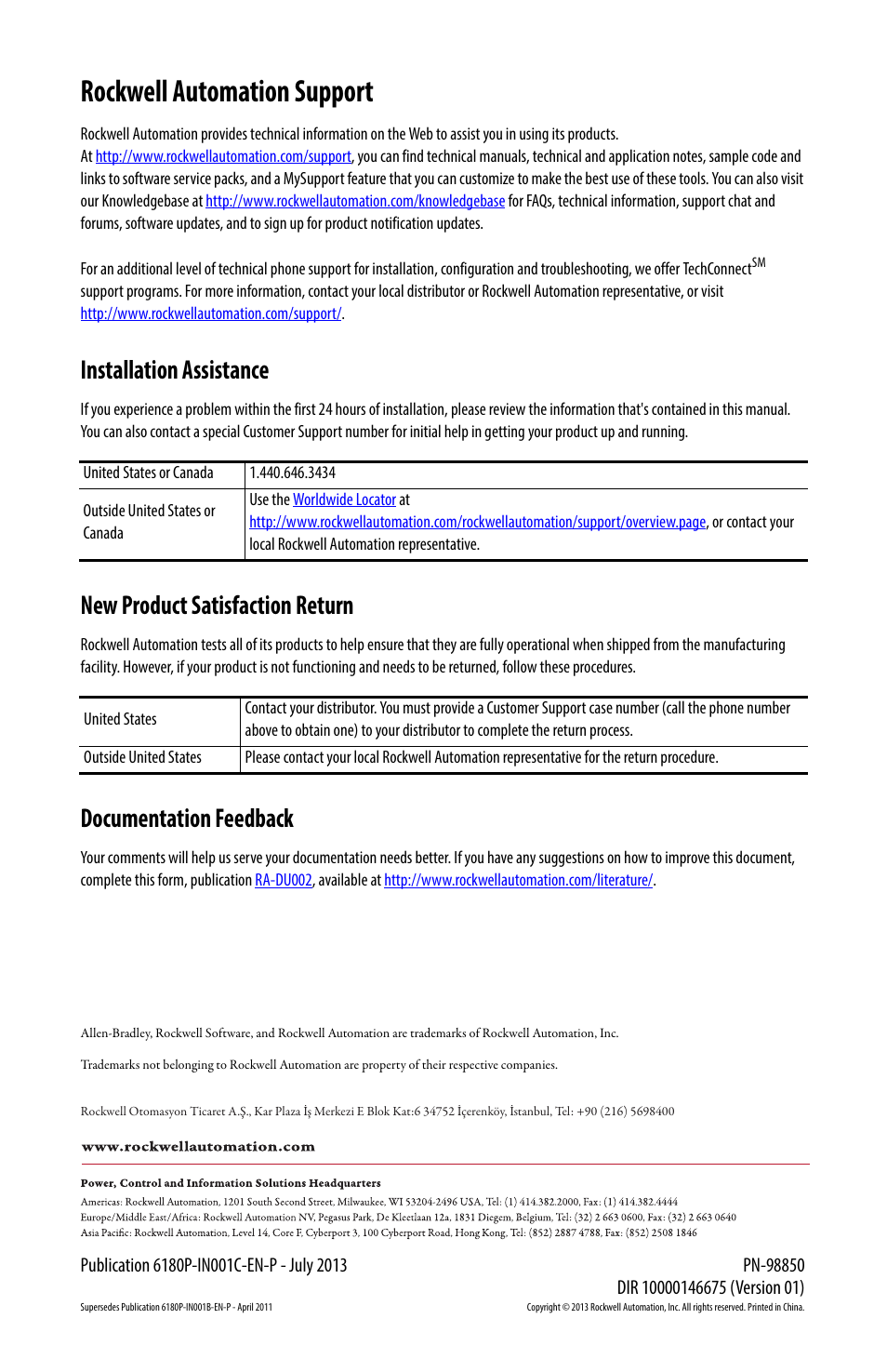 Back cover/rockwell support, Rockwell automation support, Installation assistance | New product satisfaction return, Documentation feedback | Rockwell Automation 6180P-xxxx Integrated Display Computers with Keypad Installation Instructions User Manual | Page 20 / 20