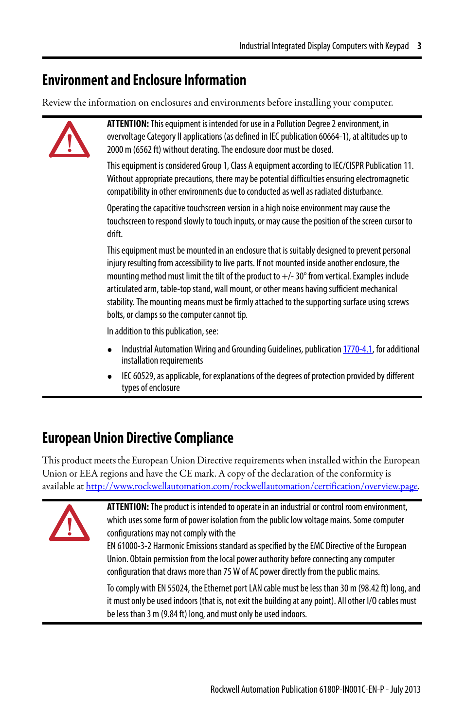 Environment and enclosure information, European union directive compliance | Rockwell Automation 6180P-xxxx Integrated Display Computers with Keypad Installation Instructions User Manual | Page 3 / 20