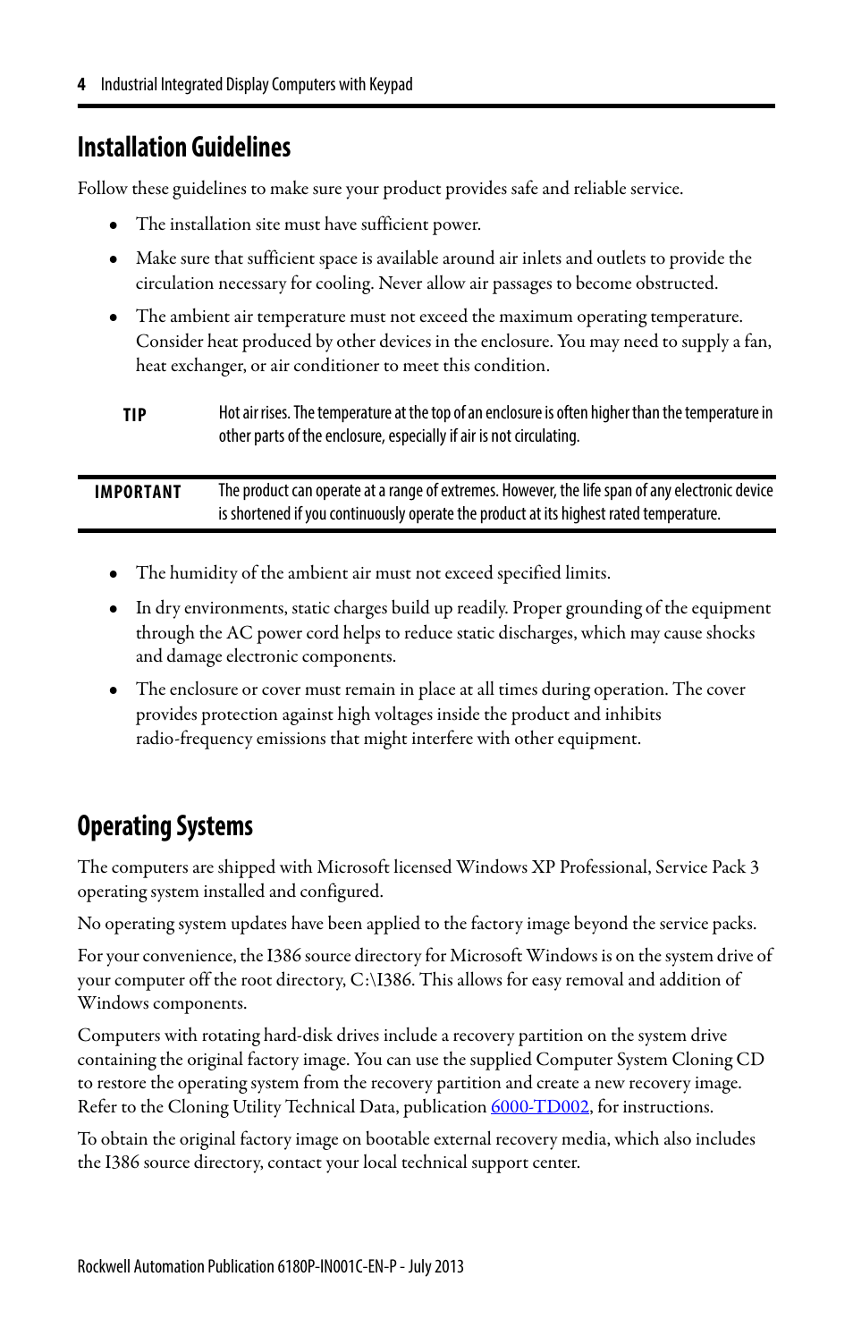 Installation guidelines, Operating systems | Rockwell Automation 6180P-xxxx Integrated Display Computers with Keypad Installation Instructions User Manual | Page 4 / 20