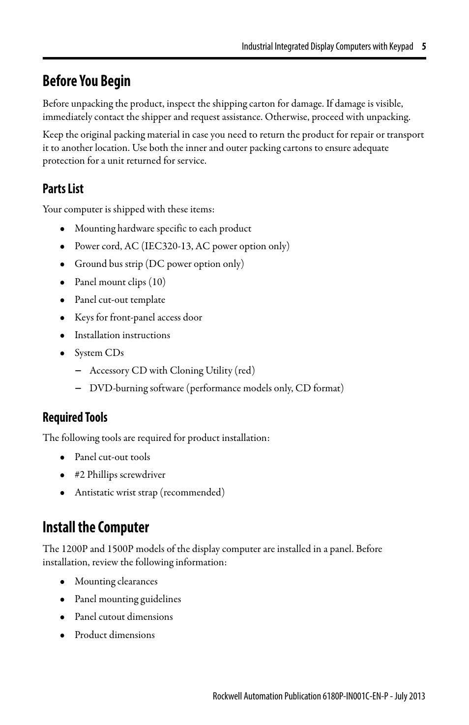 Before you begin, Parts list, Required tools | Install the computer | Rockwell Automation 6180P-xxxx Integrated Display Computers with Keypad Installation Instructions User Manual | Page 5 / 20