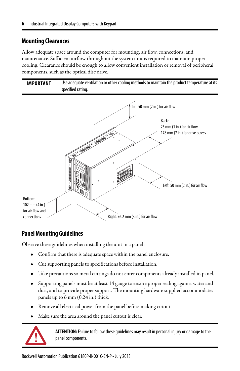 Mounting clearances, Panel mounting guidelines | Rockwell Automation 6180P-xxxx Integrated Display Computers with Keypad Installation Instructions User Manual | Page 6 / 20