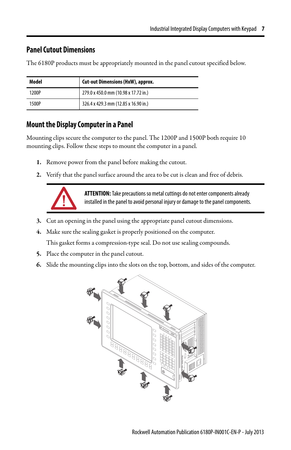 Panel cutout dimensions, Mount the display computer in a panel | Rockwell Automation 6180P-xxxx Integrated Display Computers with Keypad Installation Instructions User Manual | Page 7 / 20