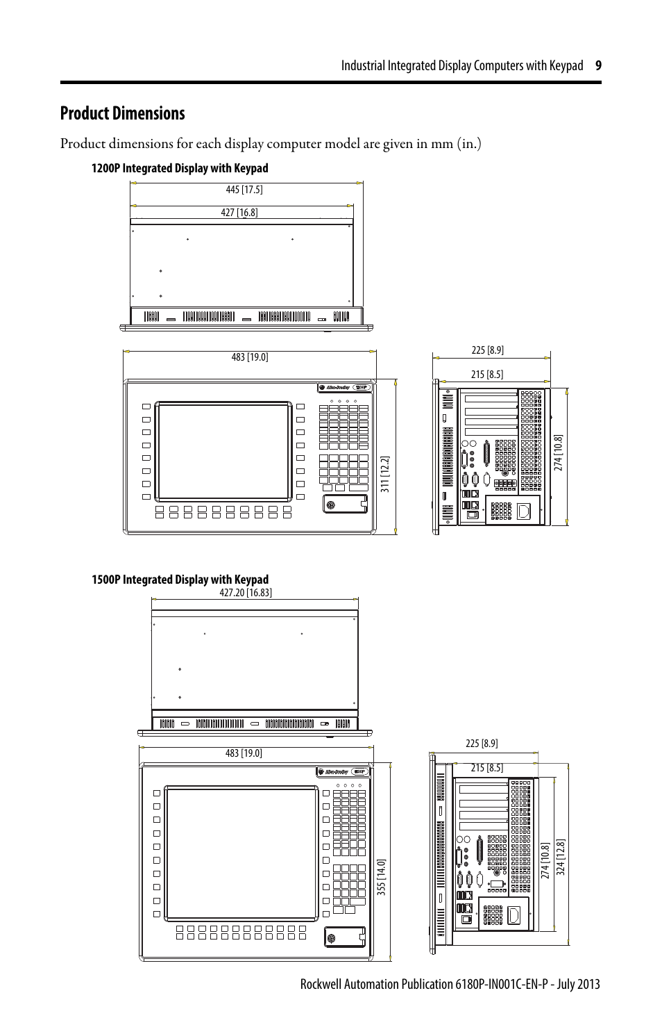 Product dimensions | Rockwell Automation 6180P-xxxx Integrated Display Computers with Keypad Installation Instructions User Manual | Page 9 / 20