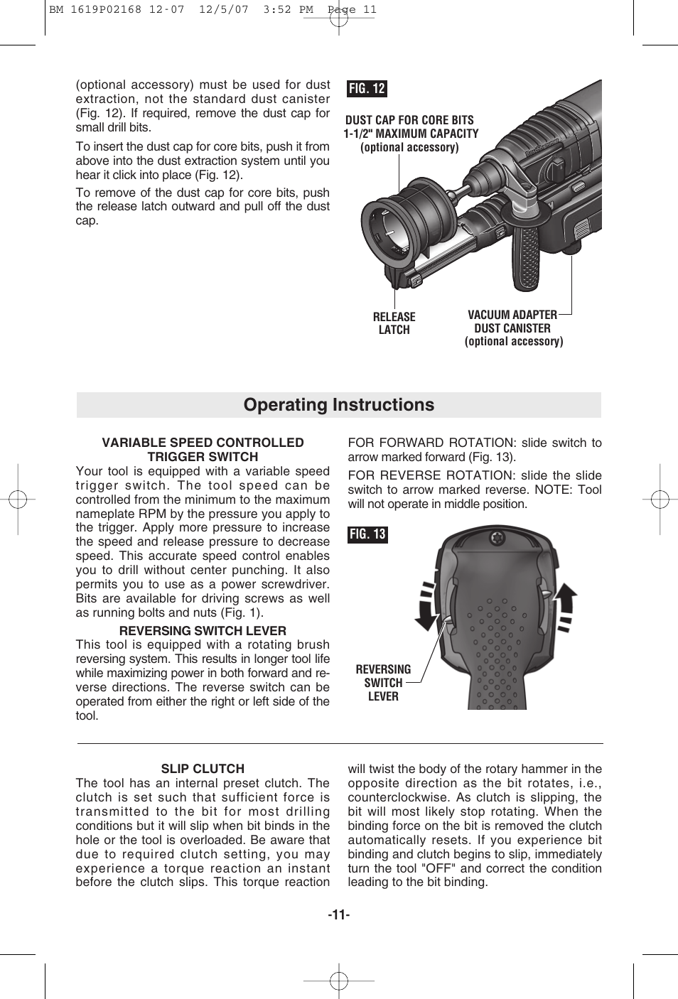 Operating instructions, Fig. 12 fig. 13, Reversing switch lever | Bosch 11250VSRD User Manual | Page 11 / 44