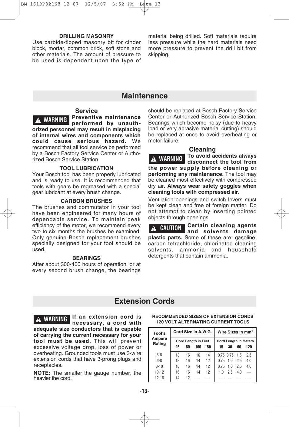 Maintenance, Extension cords, Service | Cleaning, Warning, Caution | Bosch 11250VSRD User Manual | Page 13 / 44