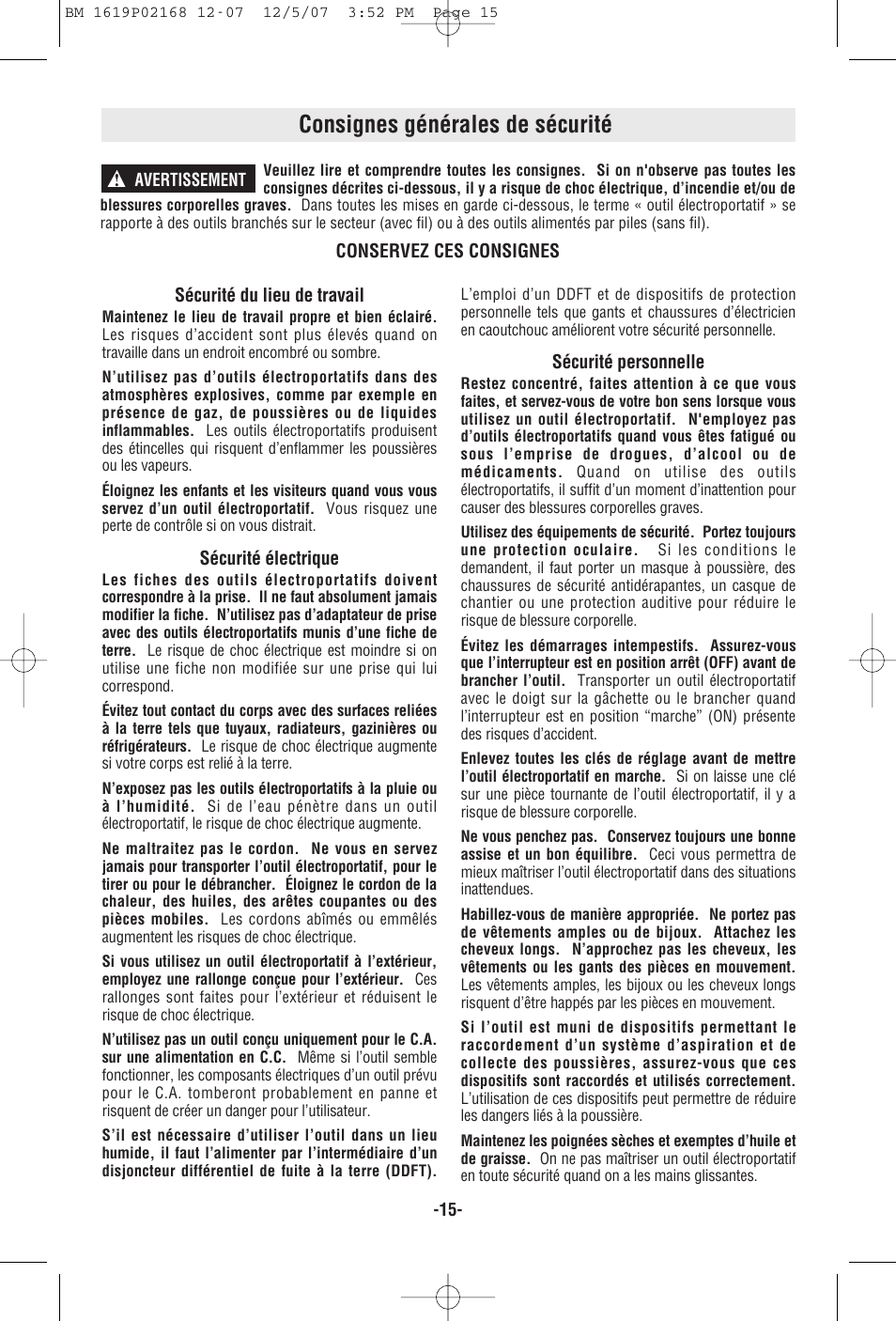 Consignes générales de sécurité | Bosch 11250VSRD User Manual | Page 15 / 44