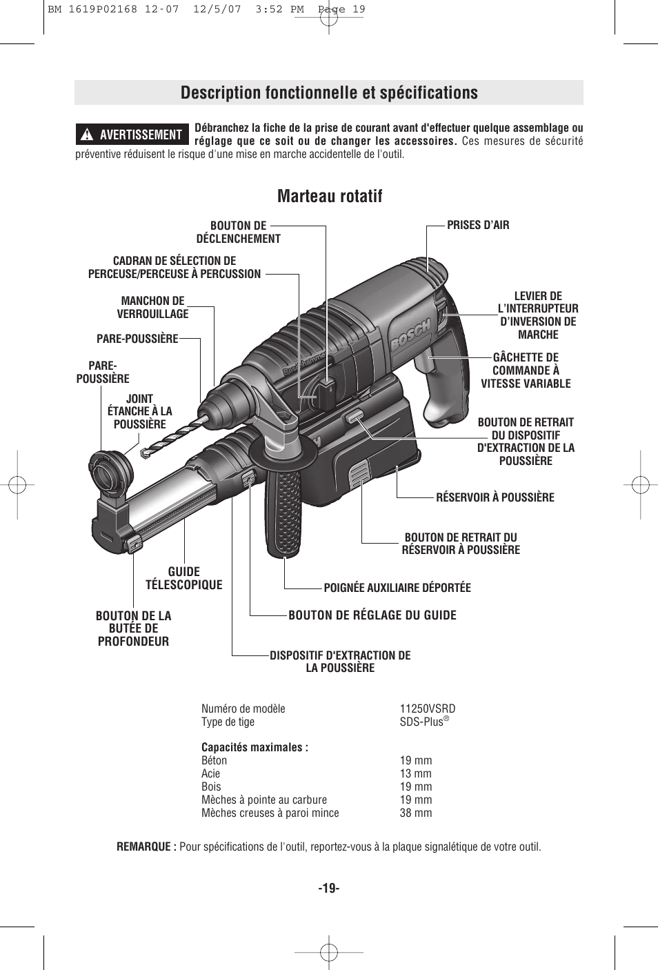 Description fonctionnelle et spécifications, Marteau rotatif, Avertissement | Bosch 11250VSRD User Manual | Page 19 / 44