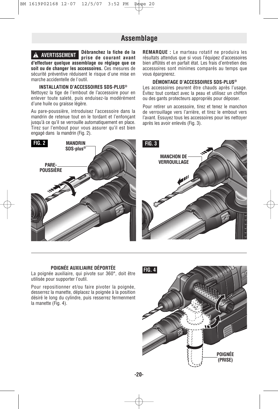 Assemblage, Avertissement, Fig. 2 fig. 3 | Fig. 4, Bbb b | Bosch 11250VSRD User Manual | Page 20 / 44