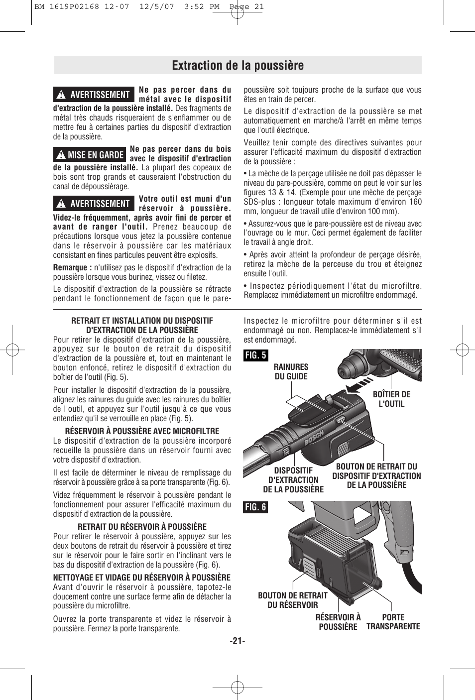 Extraction de la poussière, Avertissement ! mise en garde ! avertissement, Fig. 5 | Fig. 6 | Bosch 11250VSRD User Manual | Page 21 / 44