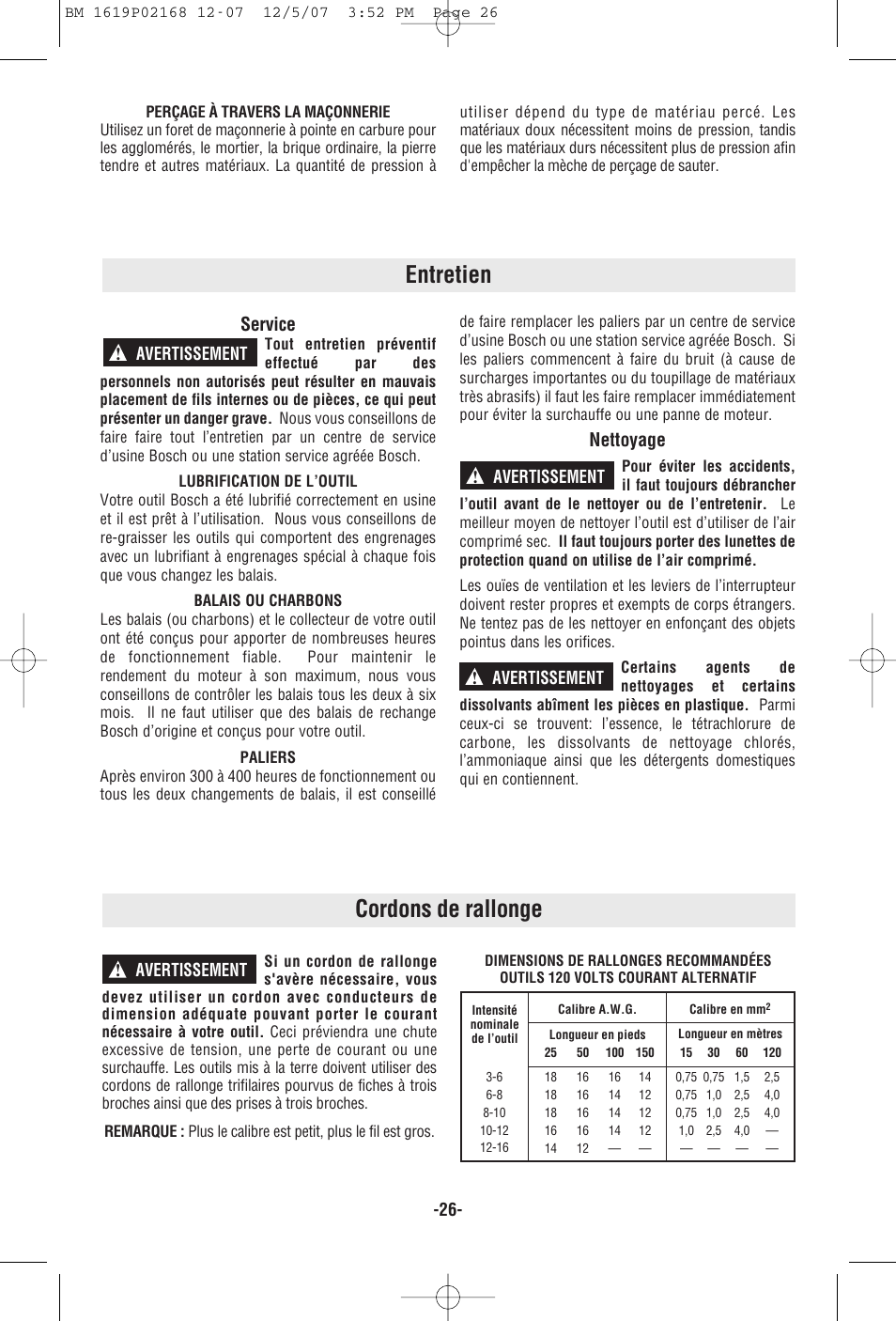 Entretien, Cordons de rallonge, Service | Nettoyage | Bosch 11250VSRD User Manual | Page 26 / 44