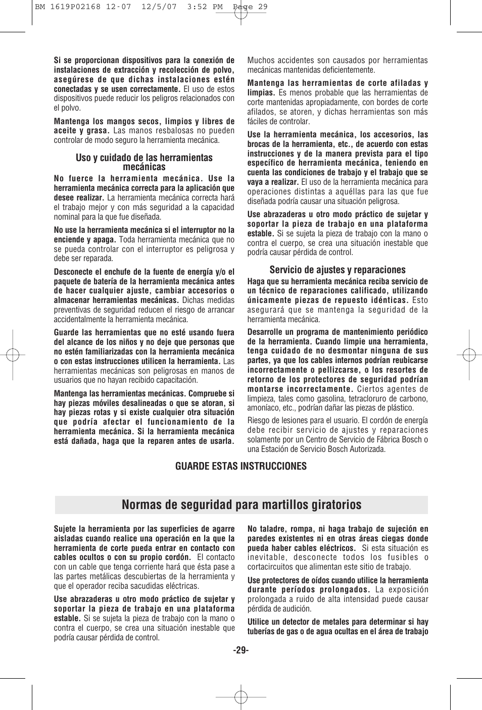 Normas de seguridad para martillos giratorios | Bosch 11250VSRD User Manual | Page 29 / 44