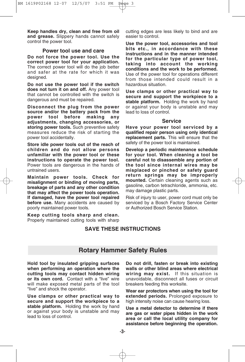 Rotary hammer safety rules | Bosch 11250VSRD User Manual | Page 3 / 44