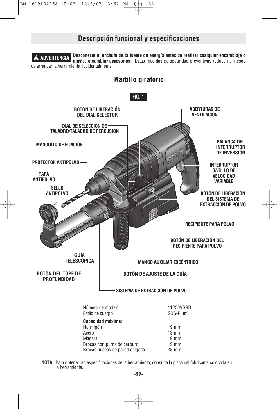 Descripción funcional y especificaciones, Martillo giratorio, Advertencia | Fig. 1 | Bosch 11250VSRD User Manual | Page 32 / 44