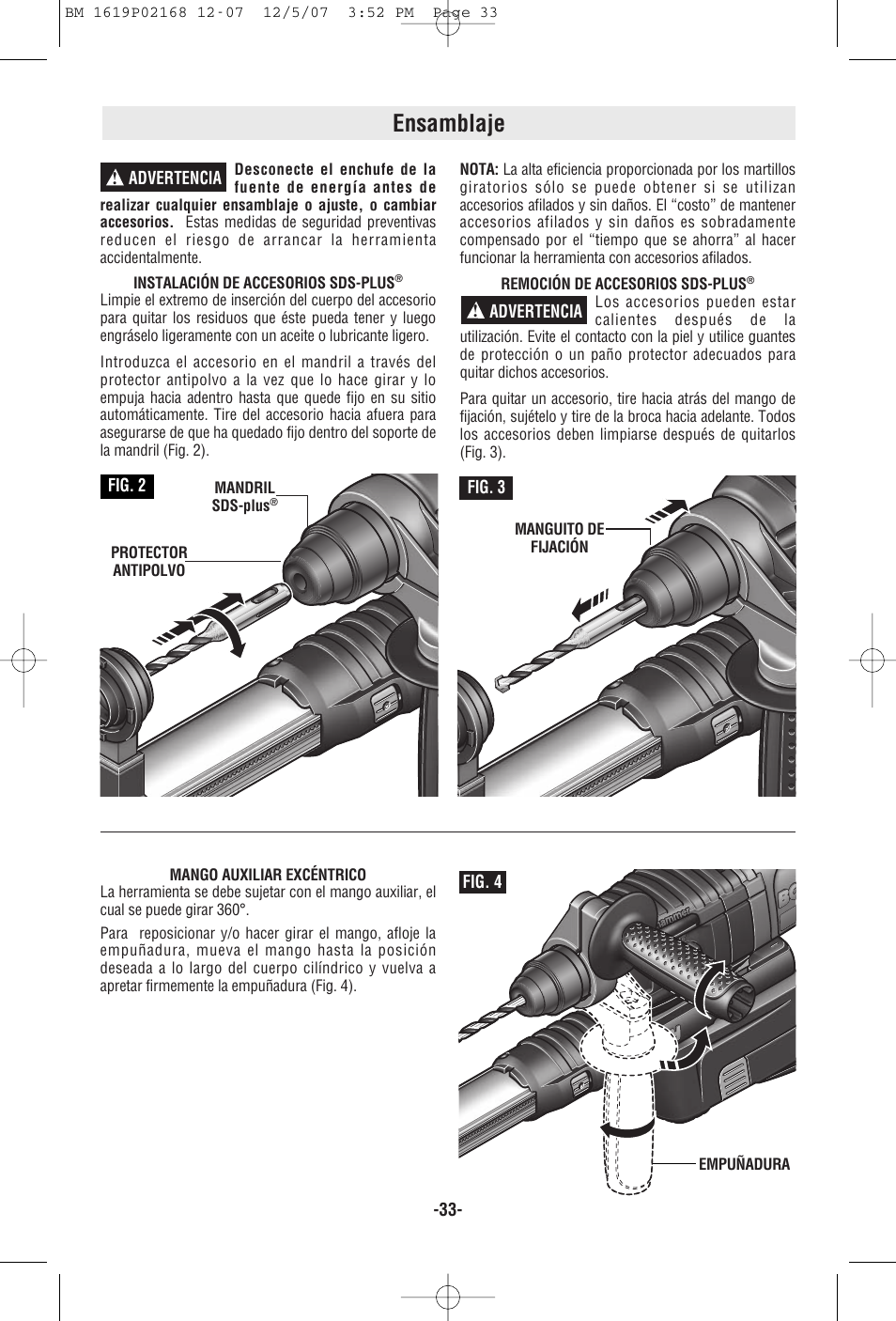 Ensamblaje, Advertencia ! advertencia, Fig. 2 fig. 3 | Fig. 4, Bbb b | Bosch 11250VSRD User Manual | Page 33 / 44