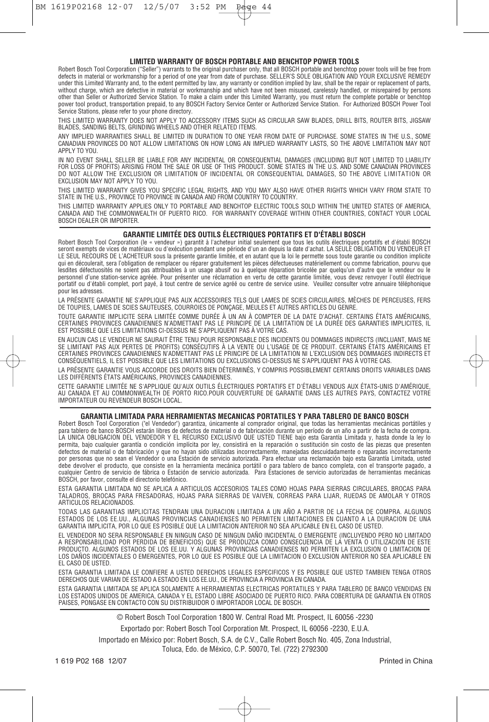 Bosch 11250VSRD User Manual | Page 44 / 44