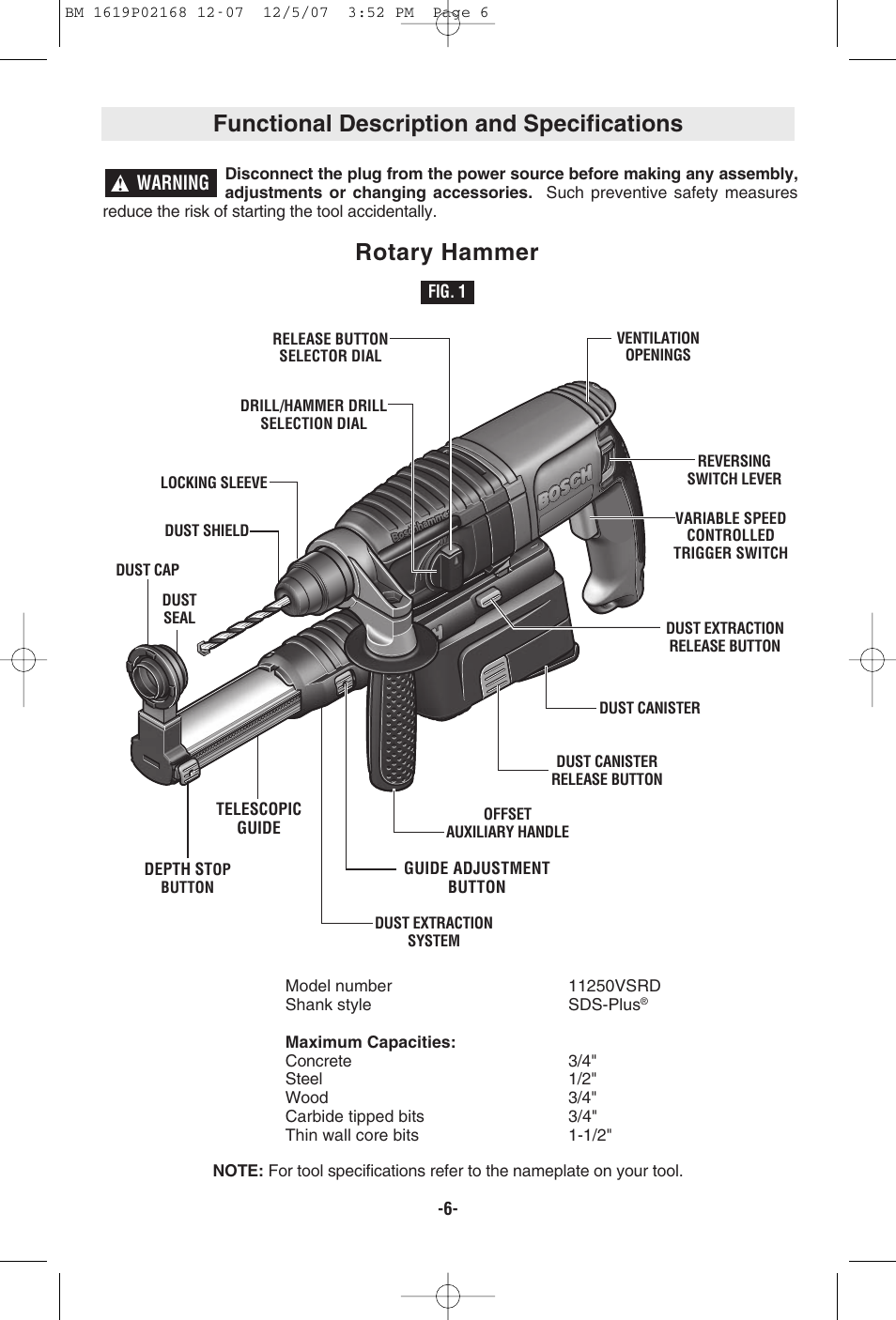 Functional description and specifications, Rotary hammer, Warning | Fig. 1 | Bosch 11250VSRD User Manual | Page 6 / 44