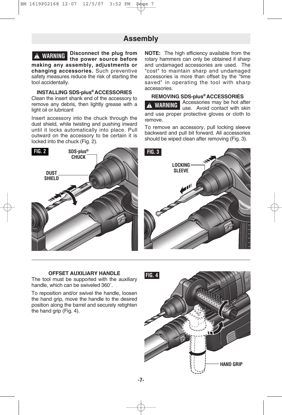 Assembly, Warning, Fig. 2 fig. 3 | Fig. 4 | Bosch 11250VSRD User Manual | Page 7 / 44