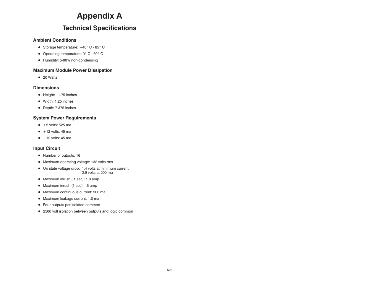 A technical specifications, Appendix a, Technical specifications | Rockwell Automation 57C402 25-115V AC/DC Low Power Output Module User Manual | Page 21 / 34